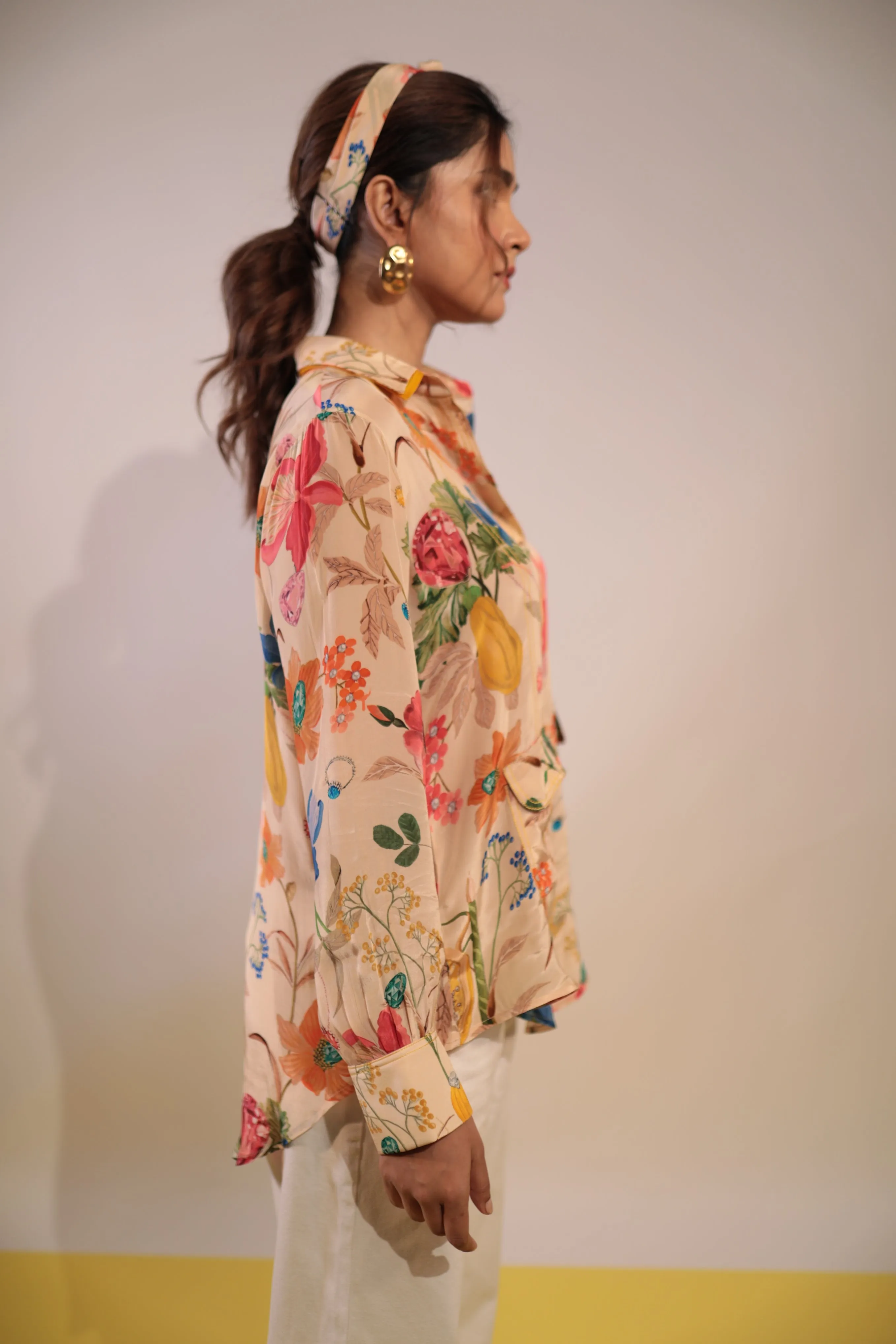 Beige floral crepe shirt