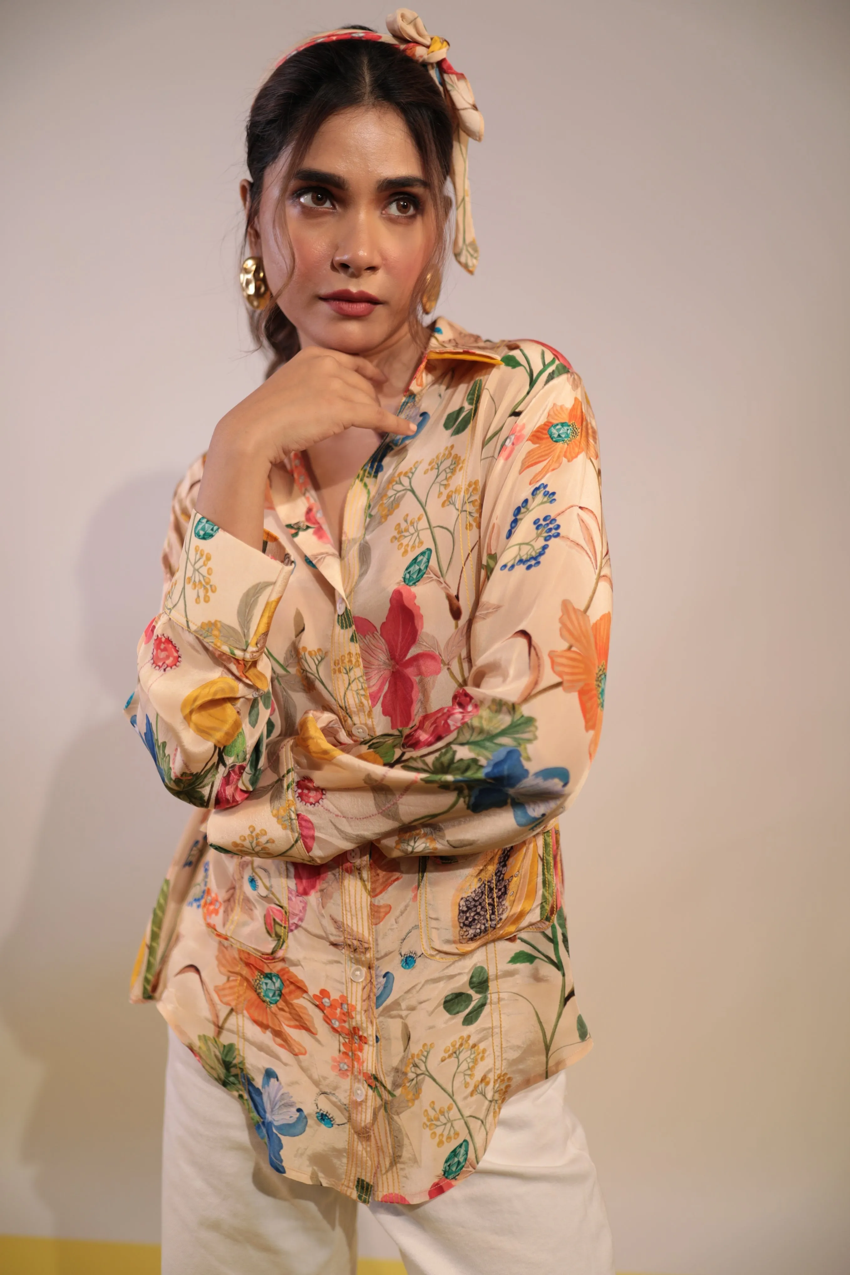 Beige floral crepe shirt