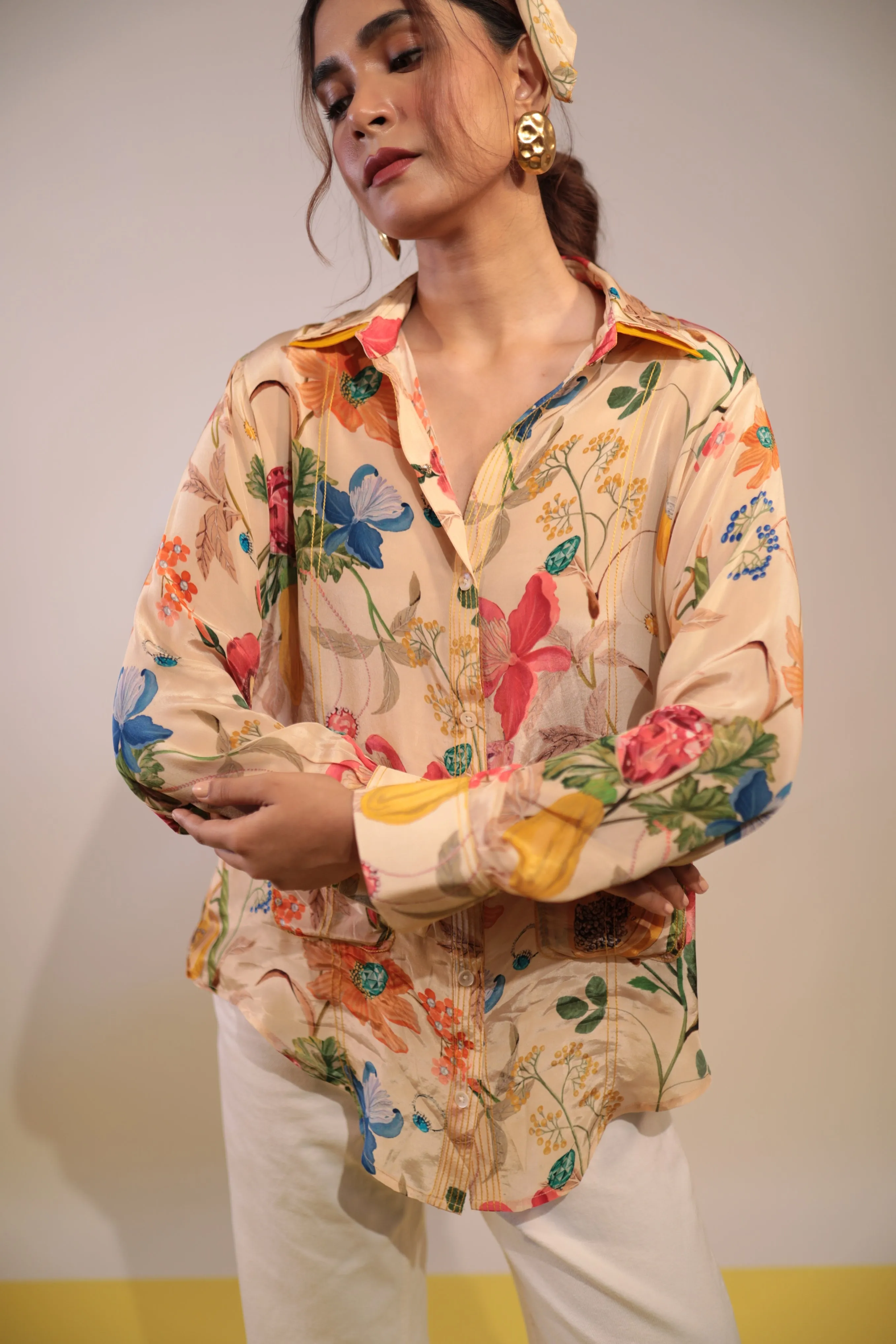 Beige floral crepe shirt