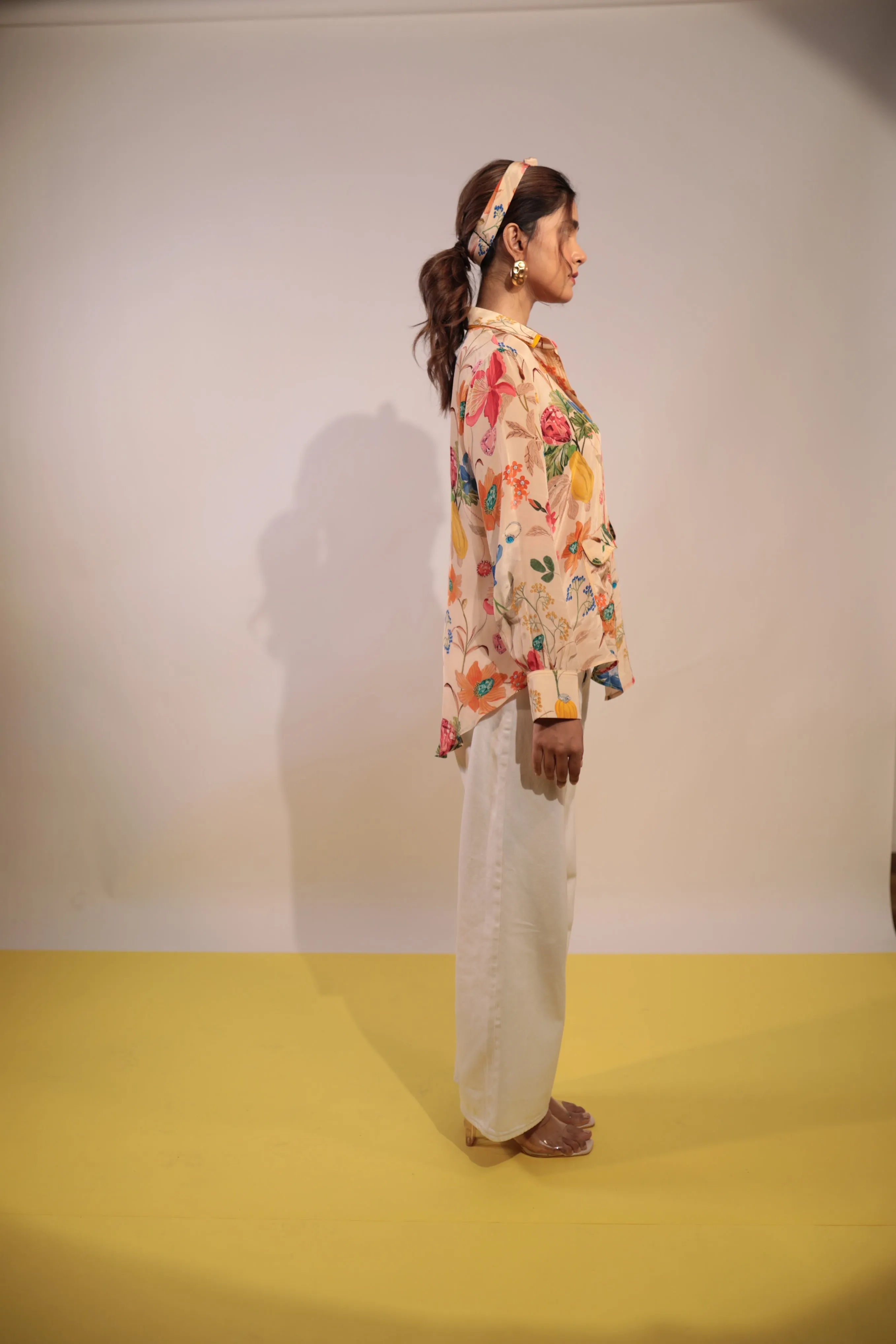 Beige floral crepe shirt