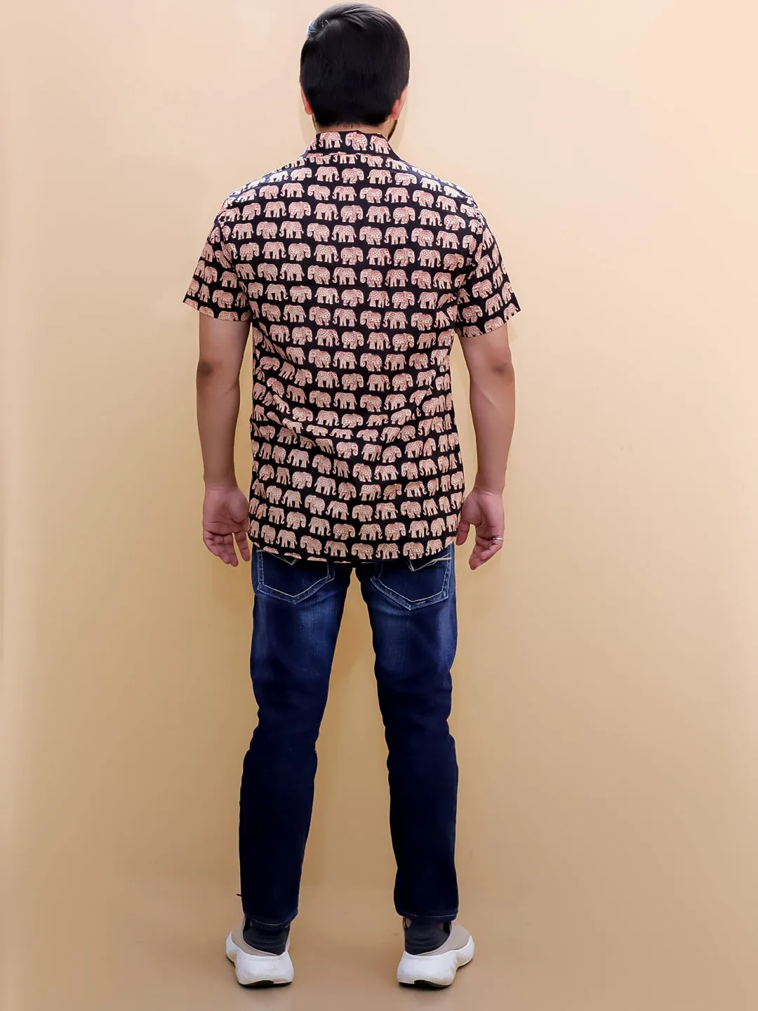 Black Elephant Print Mens Shirt