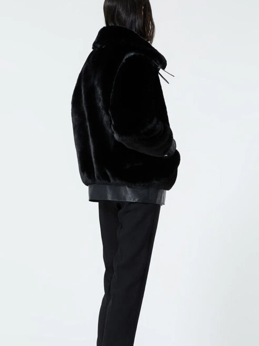 Black Faux Fur Coat With Leather Detail