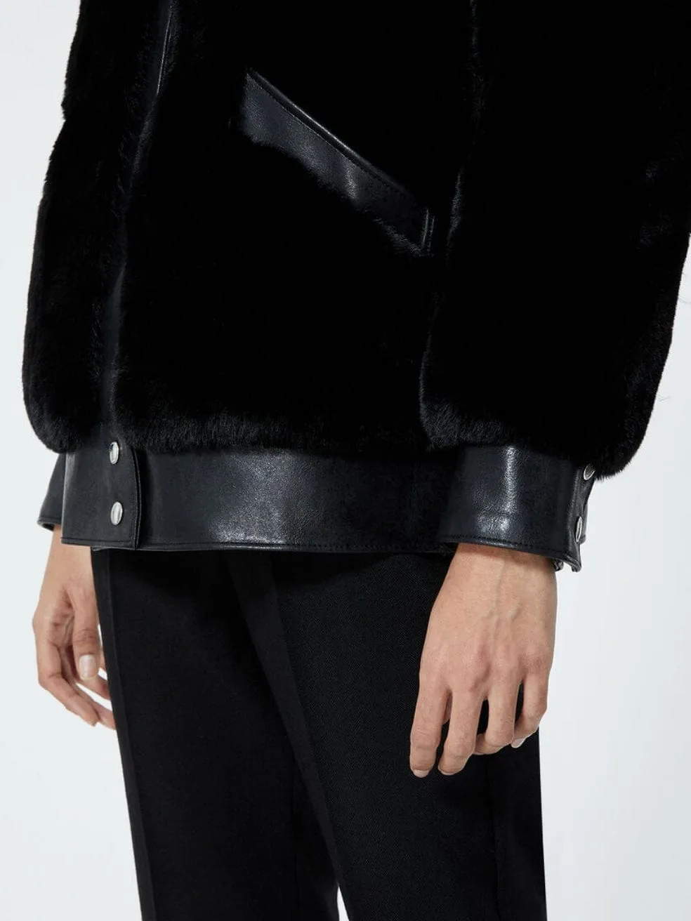 Black Faux Fur Coat With Leather Detail