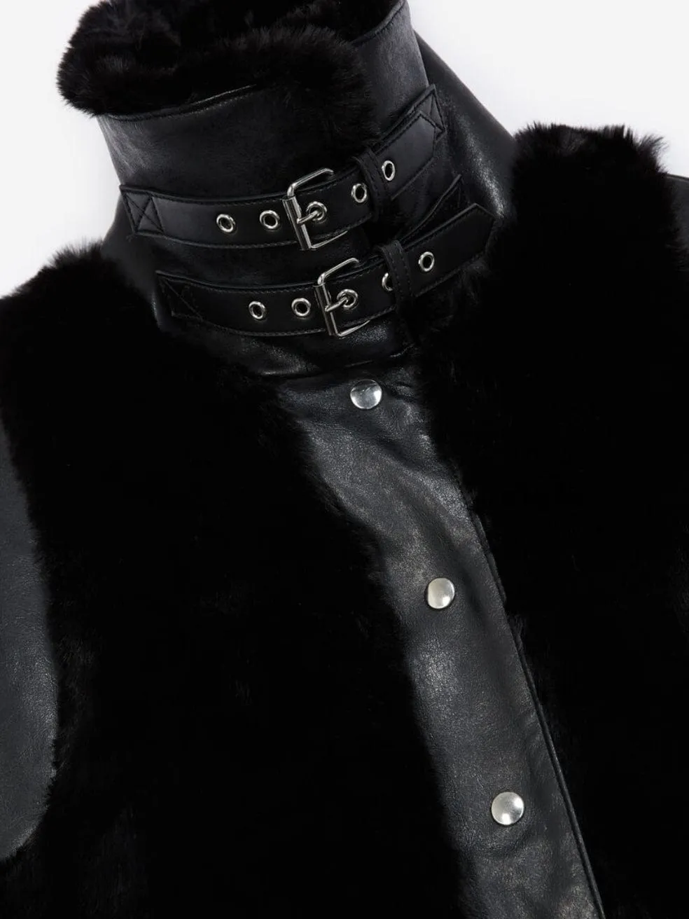 Black Faux Fur Coat With Leather Detail