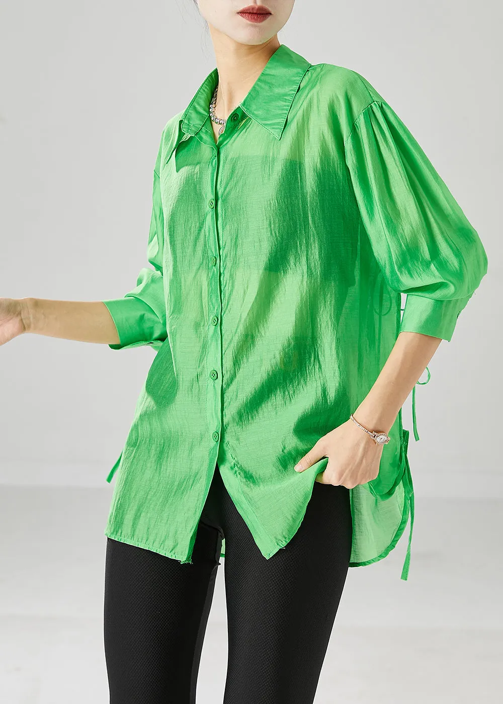 Elegant Fluorescent Green Lace Up Silk Blouses Fall ML2537