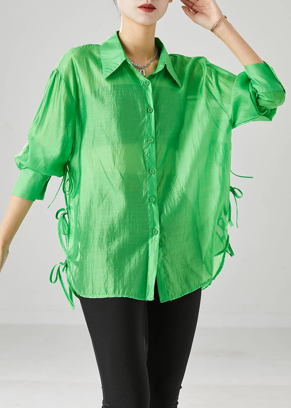 Elegant Fluorescent Green Lace Up Silk Blouses Fall ML2537