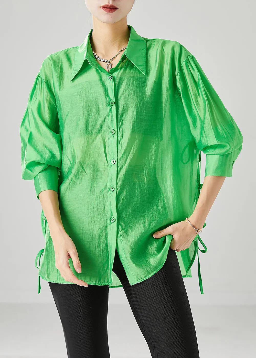 Elegant Fluorescent Green Lace Up Silk Blouses Fall ML2537