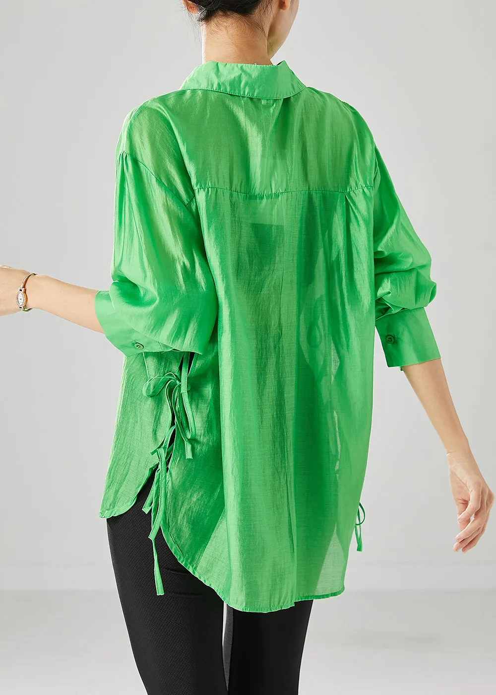 Elegant Fluorescent Green Lace Up Silk Blouses Fall ML2537