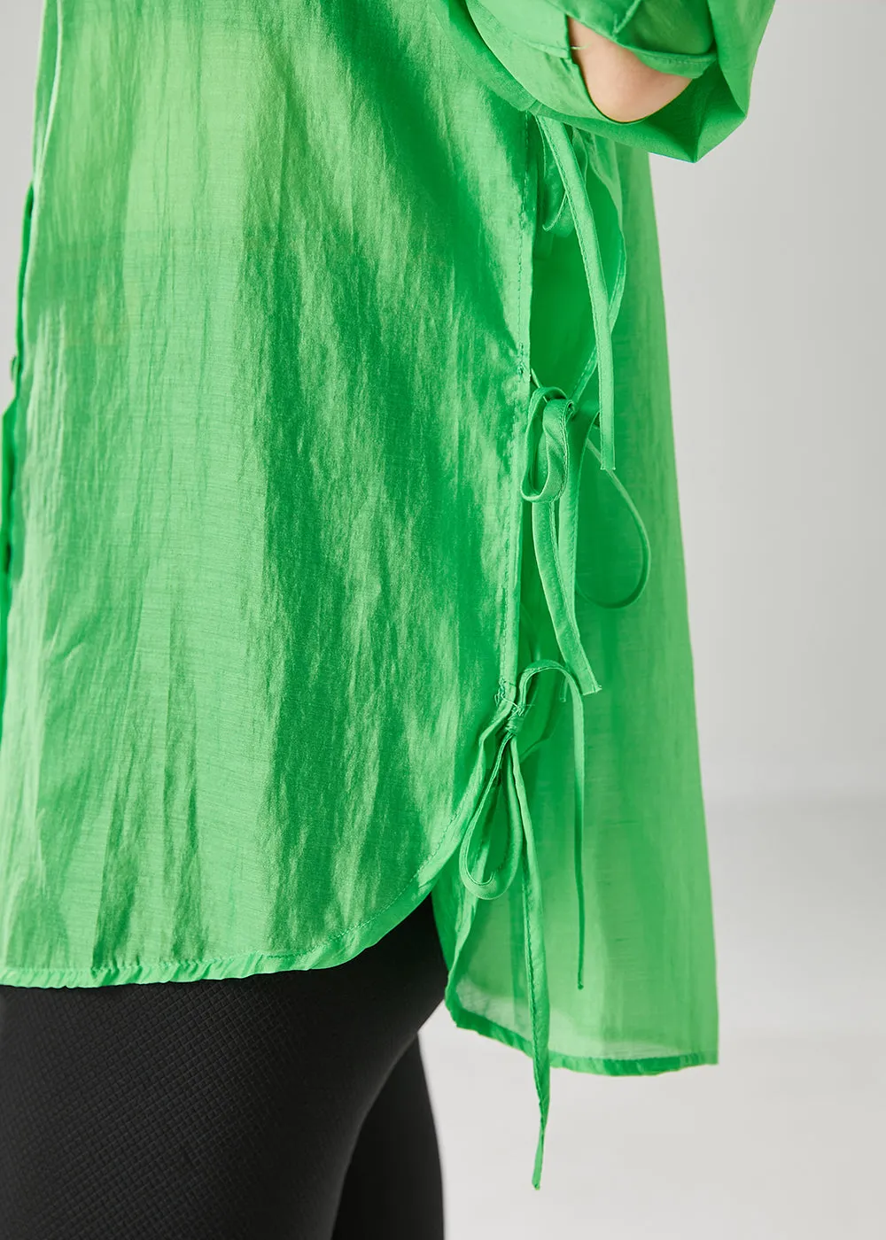 Elegant Fluorescent Green Lace Up Silk Blouses Fall ML2537