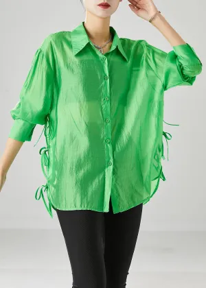 Elegant Fluorescent Green Lace Up Silk Blouses Fall ML2537
