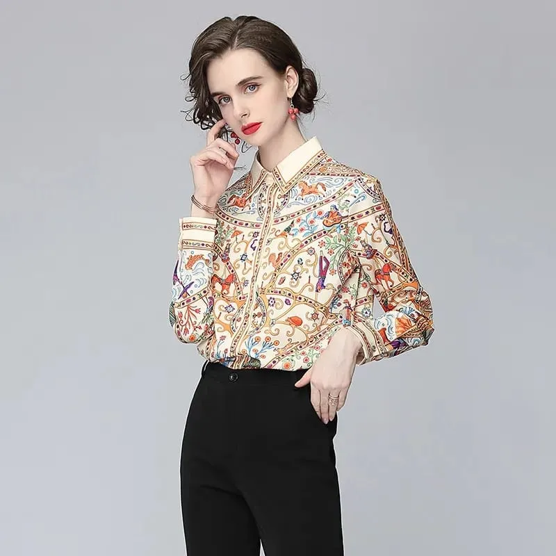 New Spring Women Runway Blouses Long Sleeve Elegant Turn-down Collar Vintage Office Shirts Plus Size Blusas Tops S1732246