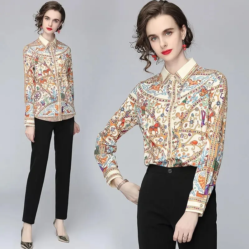 New Spring Women Runway Blouses Long Sleeve Elegant Turn-down Collar Vintage Office Shirts Plus Size Blusas Tops S1732246