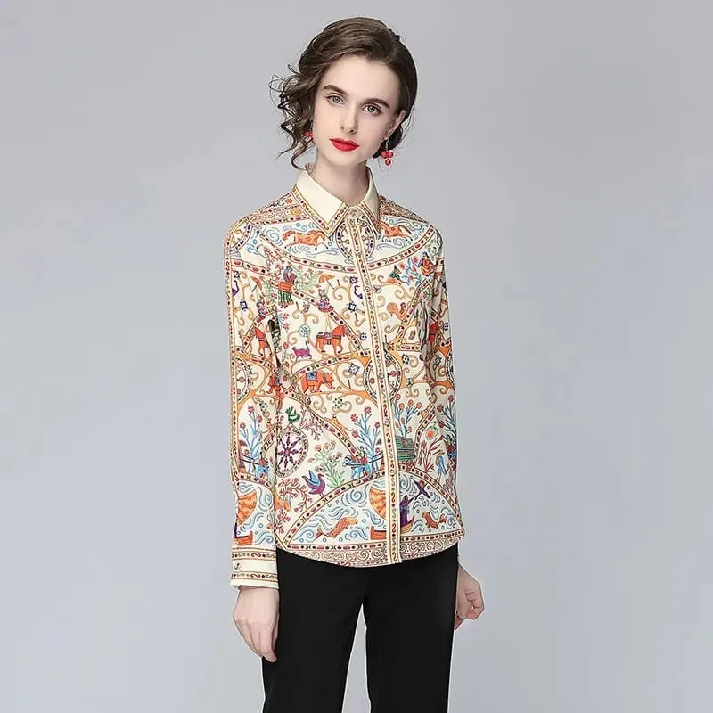 New Spring Women Runway Blouses Long Sleeve Elegant Turn-down Collar Vintage Office Shirts Plus Size Blusas Tops S1732246
