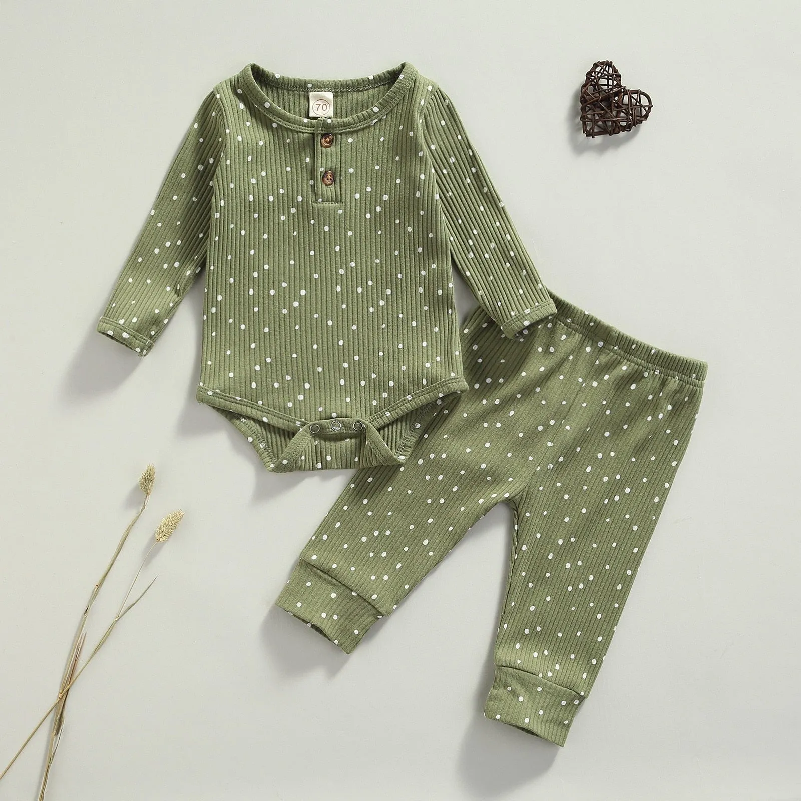 Polka Dot Ribbed Knit Romper 2 Piece Set