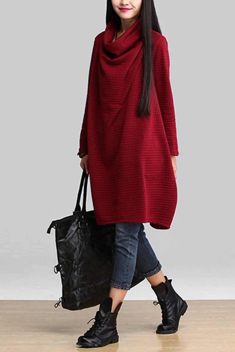 Red Art Warm Casual Loose Dress Women Tops Q2884A