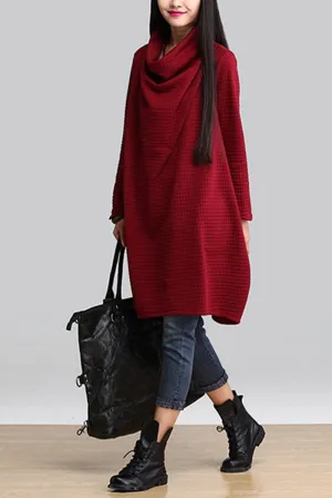 Red Art Warm Casual Loose Dress Women Tops Q2884A