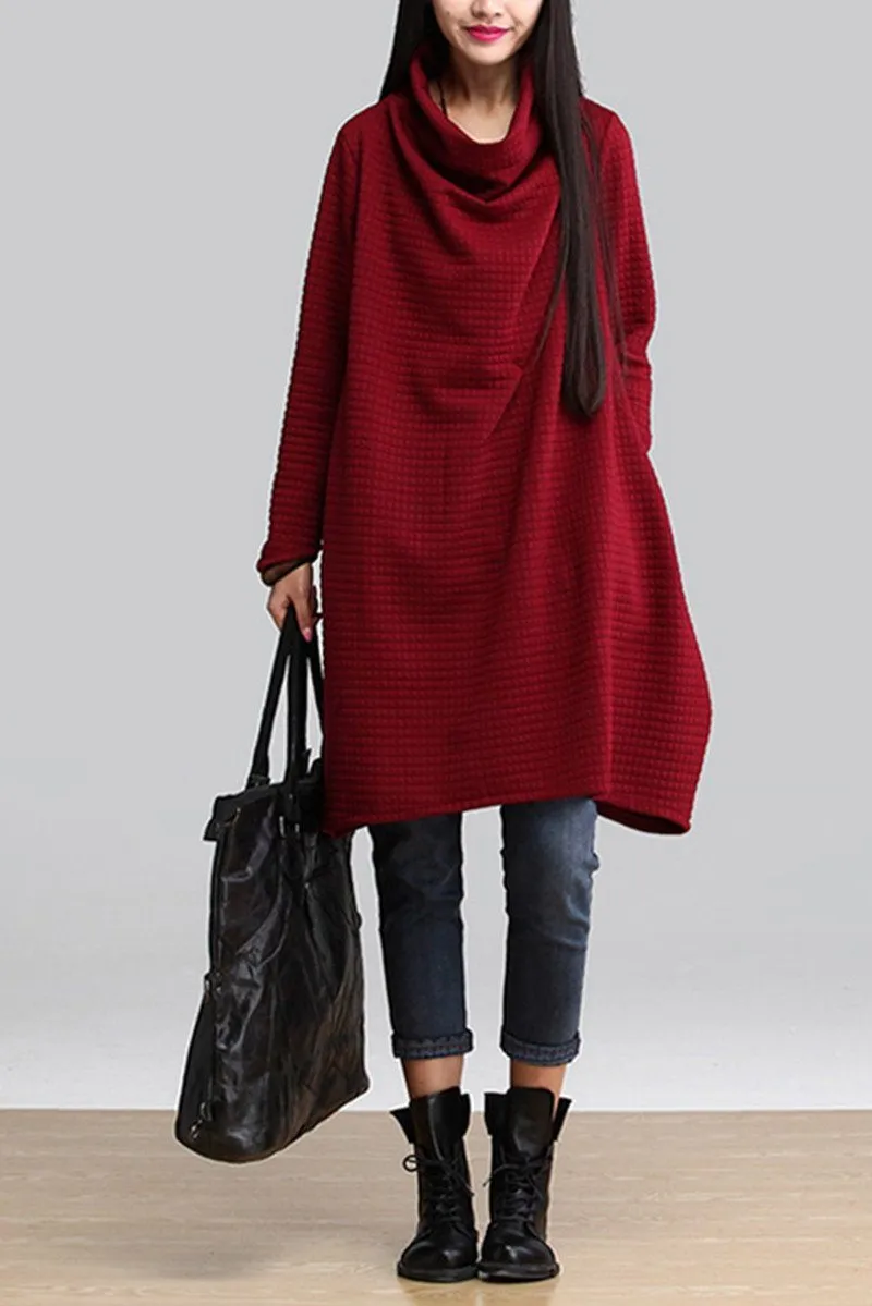 Red Art Warm Casual Loose Dress Women Tops Q2884A