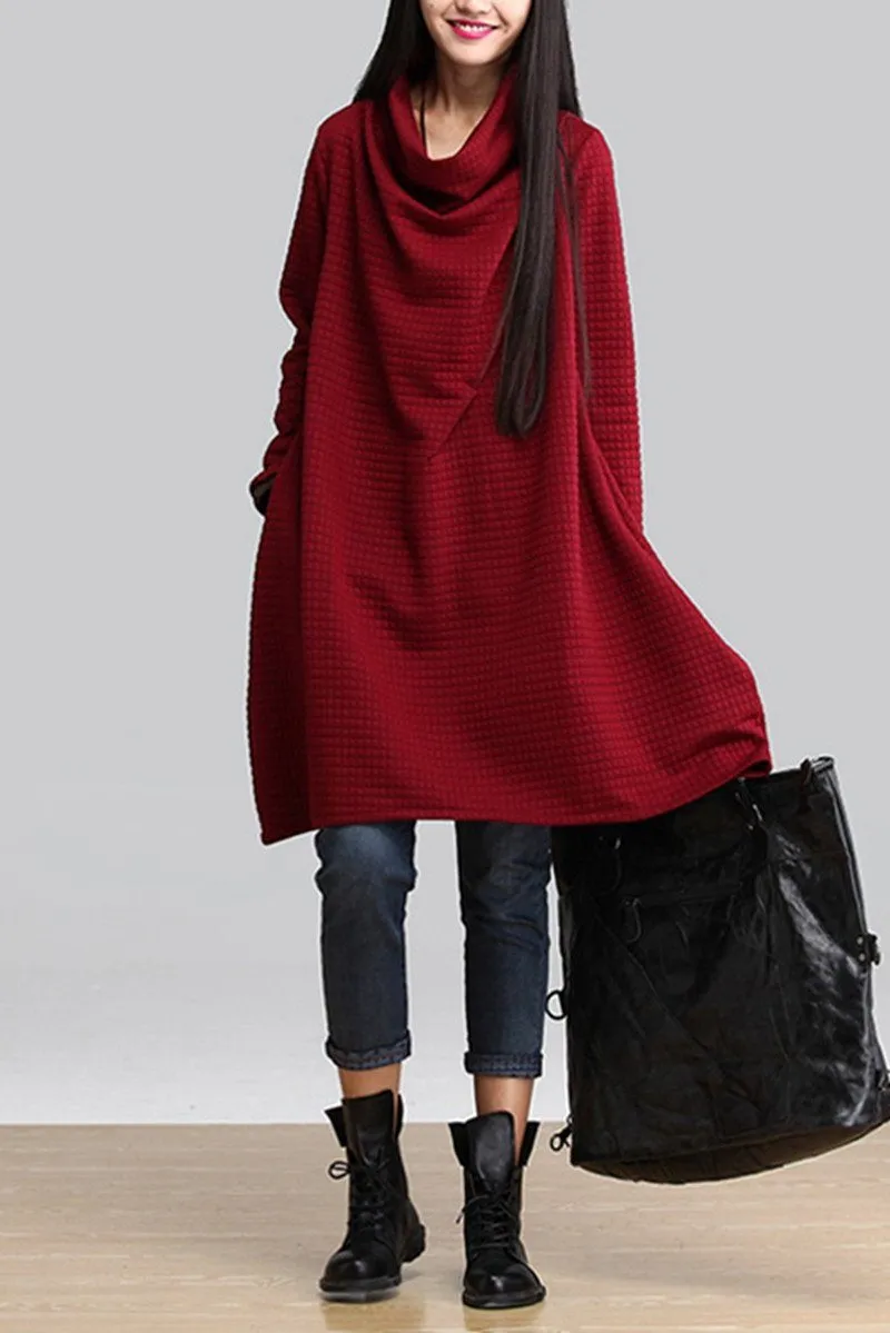 Red Art Warm Casual Loose Dress Women Tops Q2884A