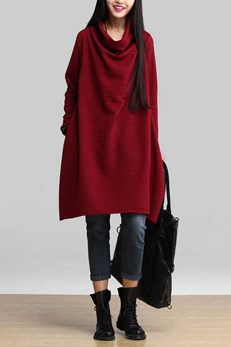 Red Art Warm Casual Loose Dress Women Tops Q2884A