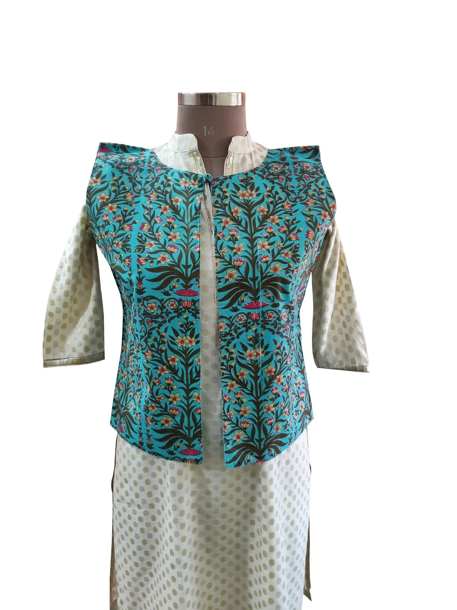 Turquoise Cotton Block Printed Ethnic Jacket ACJ18