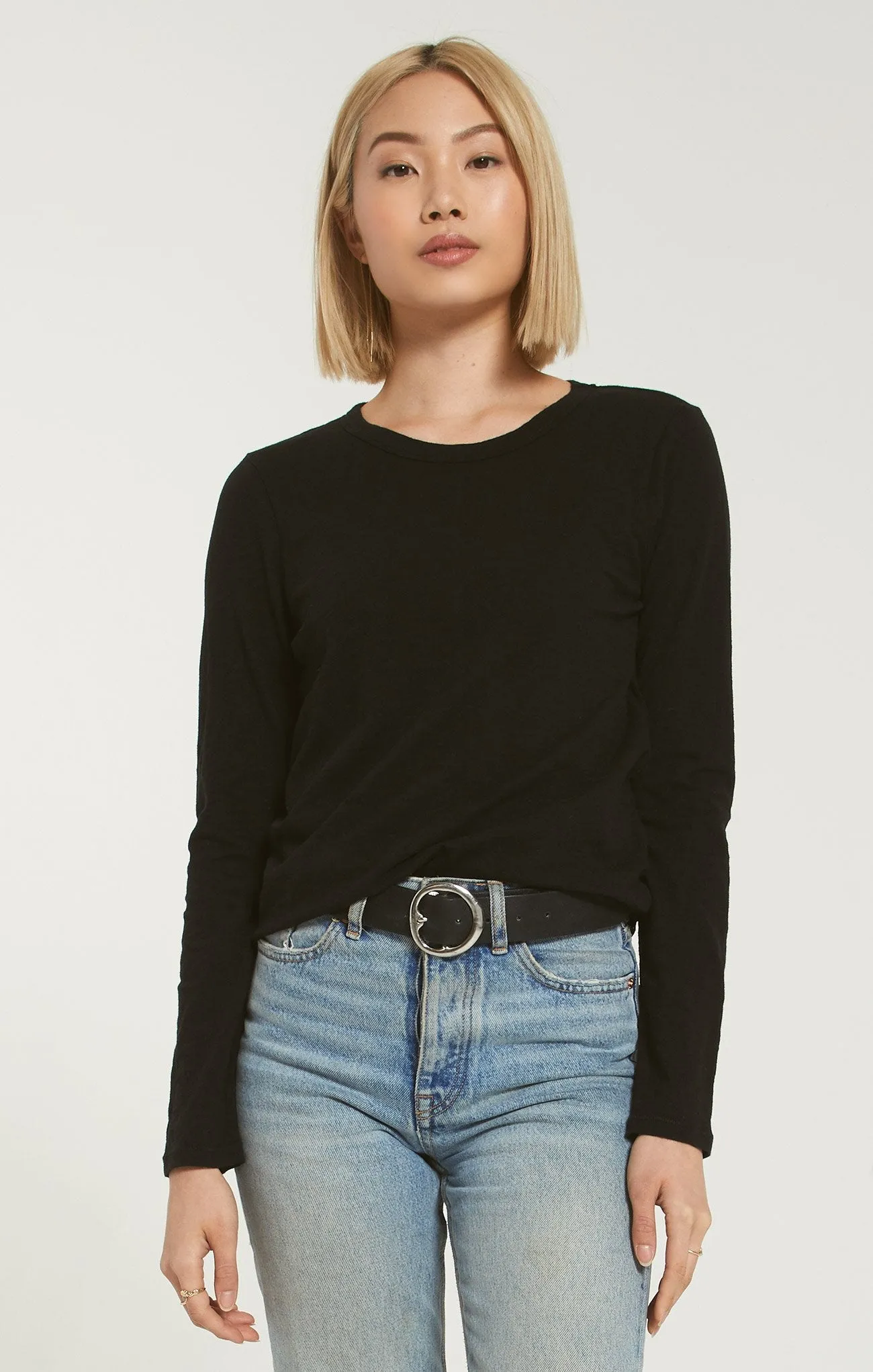 Z Supply Long Sleeve Crew-Neck Cotton Top | Black, White, Taupe