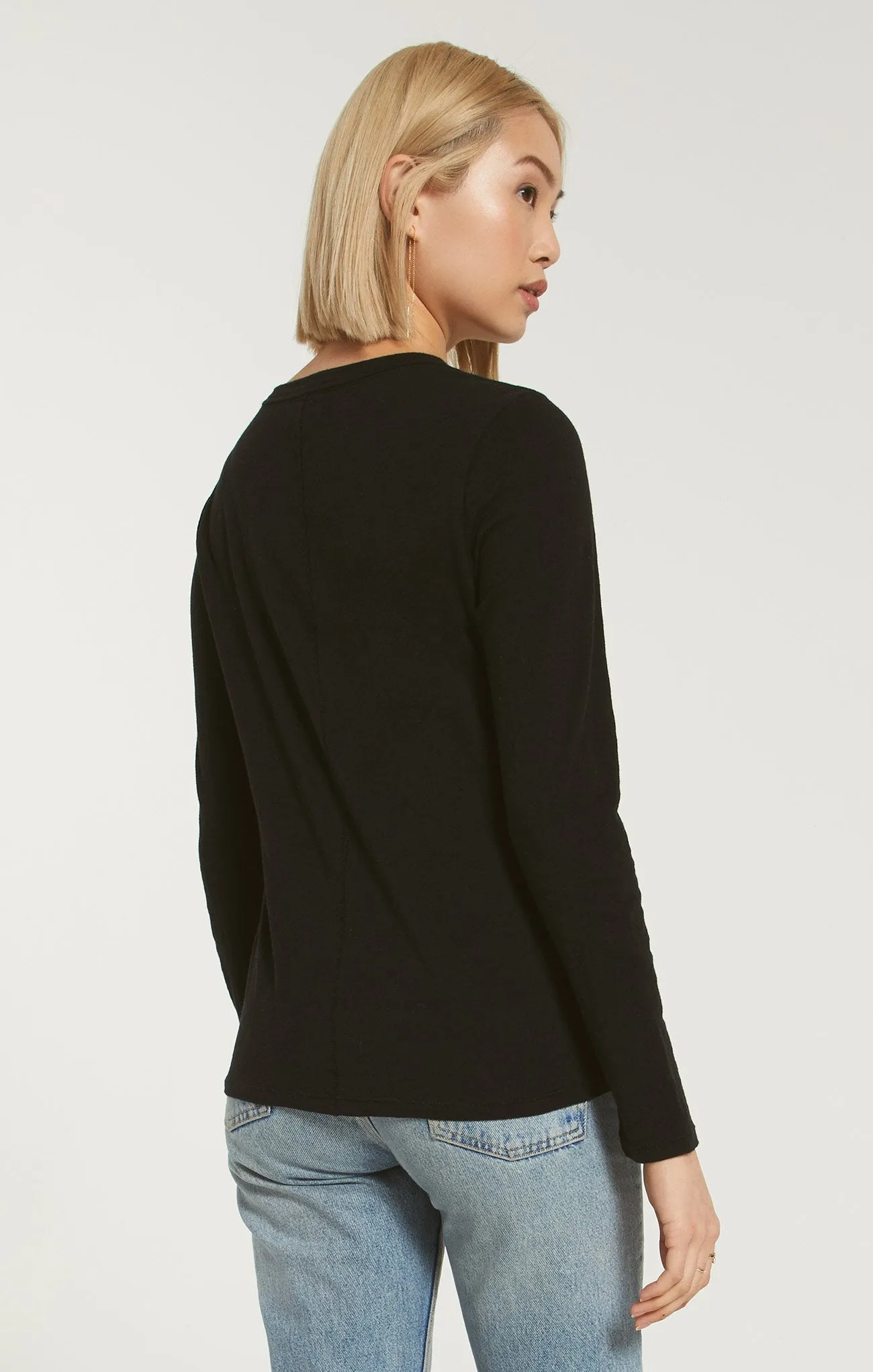 Z Supply Long Sleeve Crew-Neck Cotton Top | Black, White, Taupe